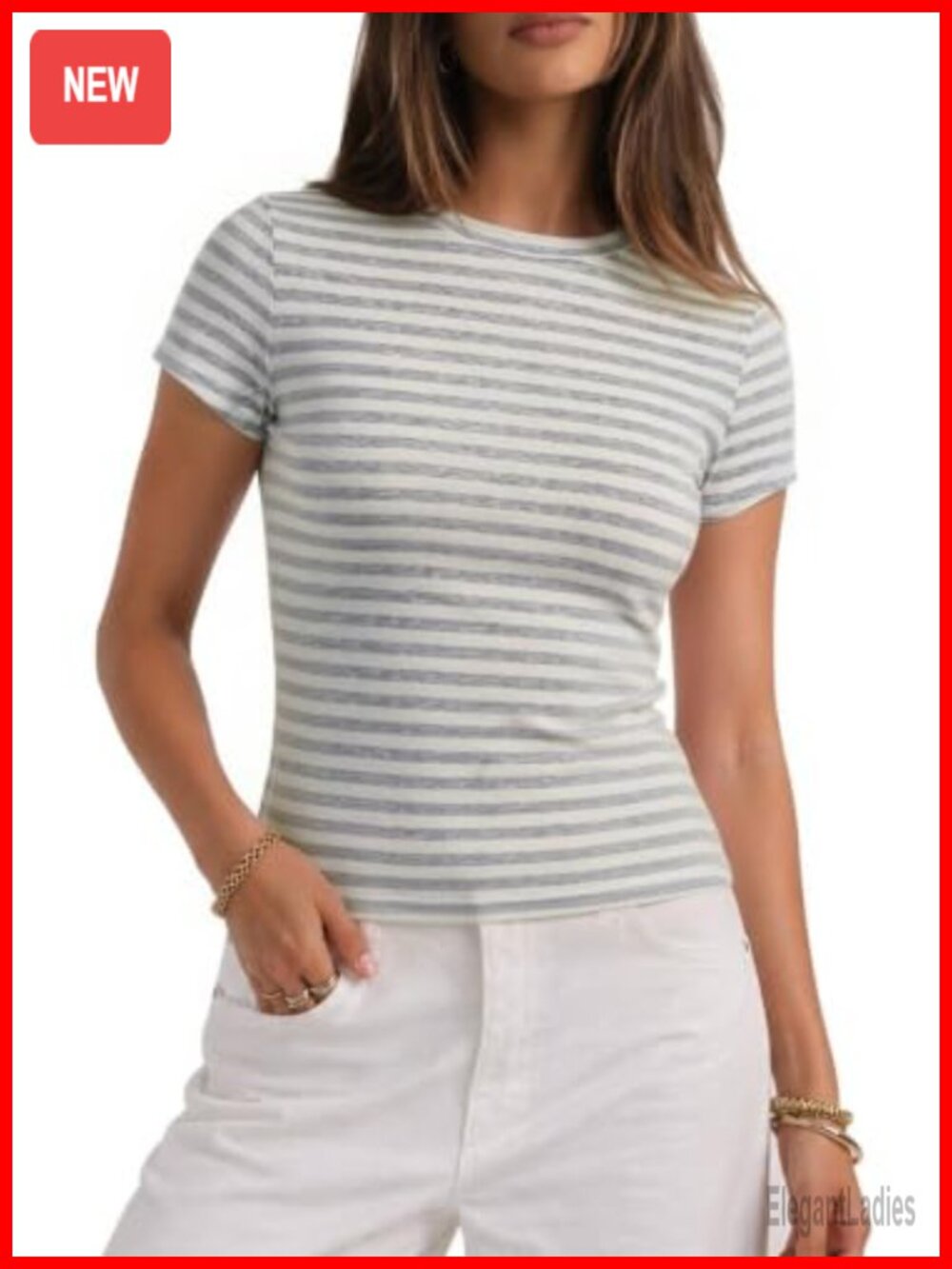 Lyocell Striped Short Sleeve Crewneck Fitted Summer T-Shirt